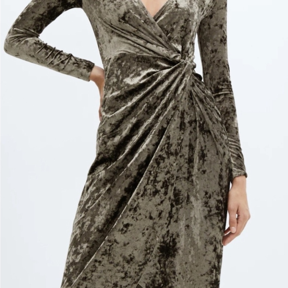 Mango Velvet Wrap Dress in Olive Green
